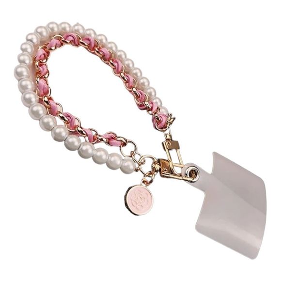 Camellia Pink Leather Pearl Mobile Phone Ring Anti-Theft Bracelet Lanyard - Picture 5 of 5